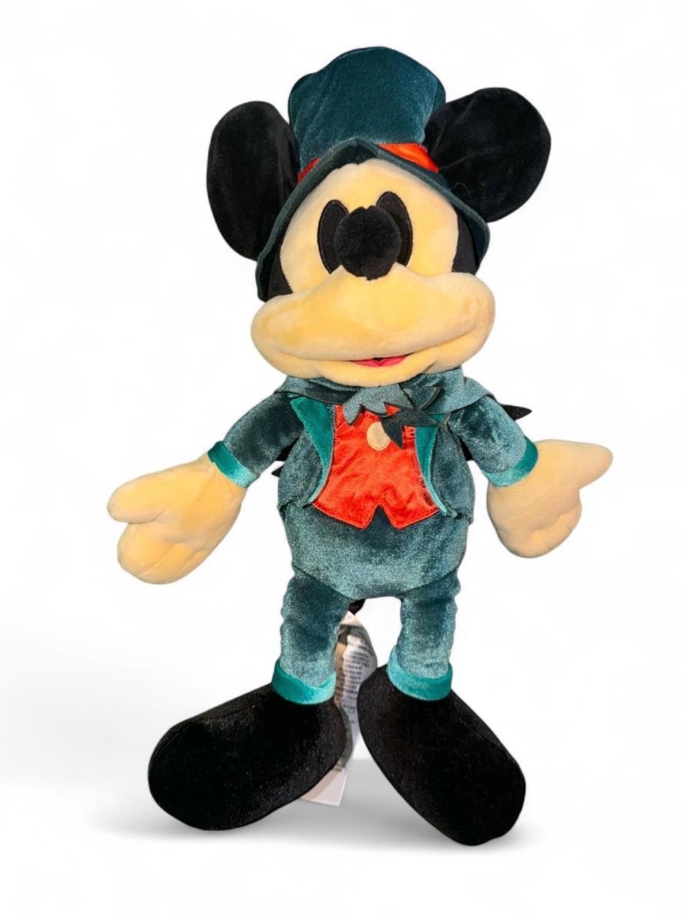 Halloween Mickey Mouse plush in teal velvet with red vest and black shoes
